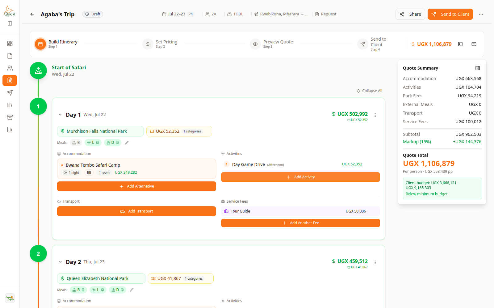 Build itinerary overview