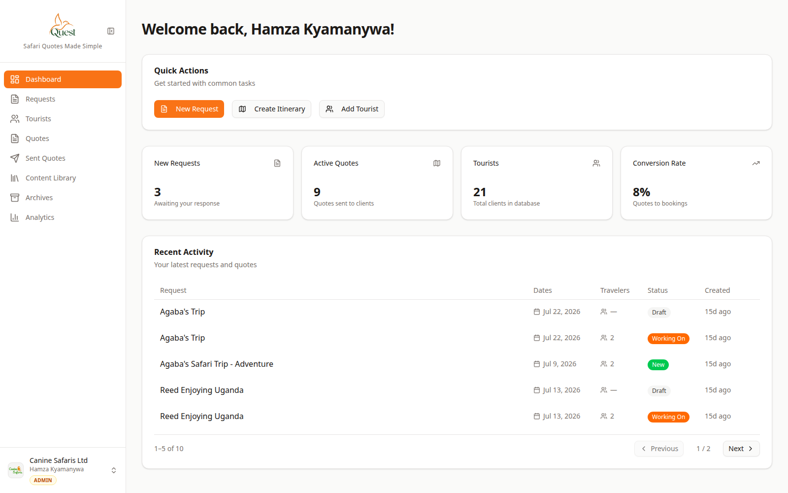 Dashboard Quick Actions with New Request