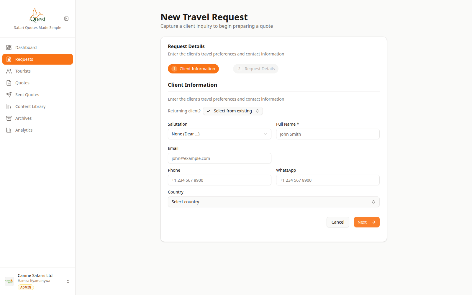 New Travel Request client form